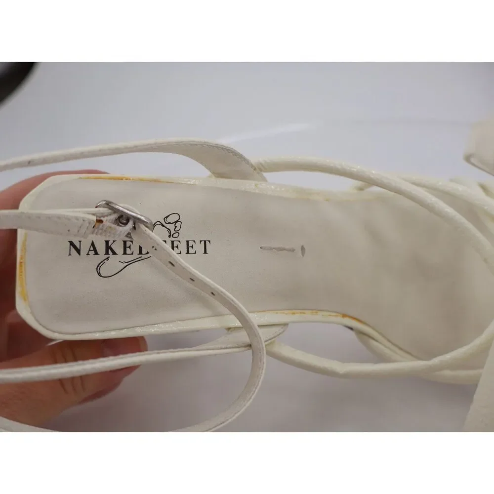 Naked Feet Mood Heeled Strappy Sandal Size 11 Ivory Vegan Patent Block Heel